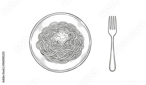 Detailed illustration of a plate of spaghetti with fork on white background