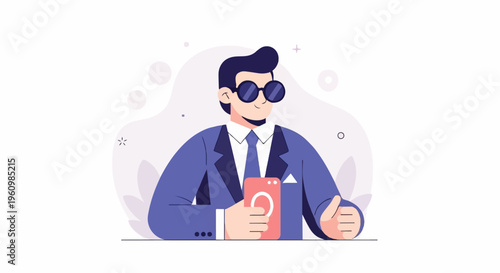 Man in suit wearing sunglasses holding a phone and giving a thumbs up