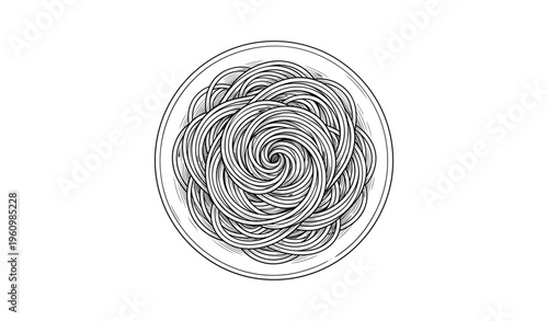 Monochrome line art of swirling spaghetti on a plate