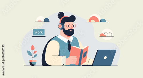 Man with headphones and glasses reading book, laptop and plant nearby