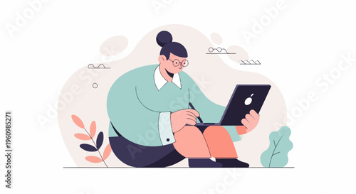 Person in casual clothing using a tablet and laptop in a minimalist setting