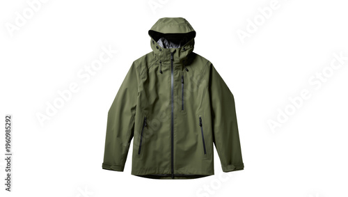 Fotografie Isolated green technical waterproof hooded shell jacket with zippers for outdoor