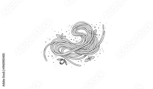 Artistic black and white spaghetti illustration with basil leaves