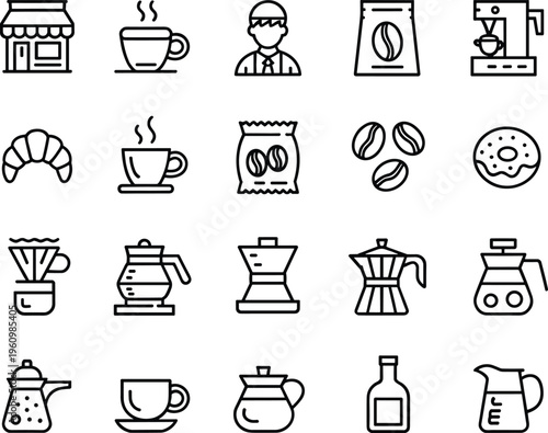 coffee shop icons set, barista cafe elements collection, espresso maker beans cup bakery symbols, outline vector illustration pack