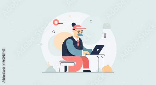 Illustrated man wearing a cap and glasses works on a laptop