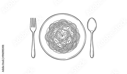 Illustration of spaghetti serving with fork and spoon on white background