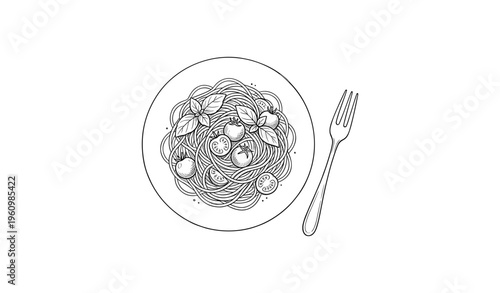 Penne pasta with tomatoes basil and parmesan line art on plate with fork