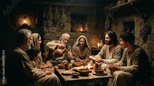 Cinematic shot of a local community sharing Passover meal, authentic biblical connection with copy space