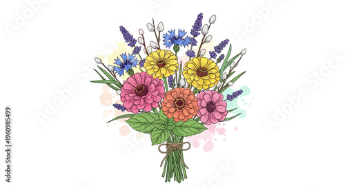 Colorful bouquet of flowers illustration on white background for design needs