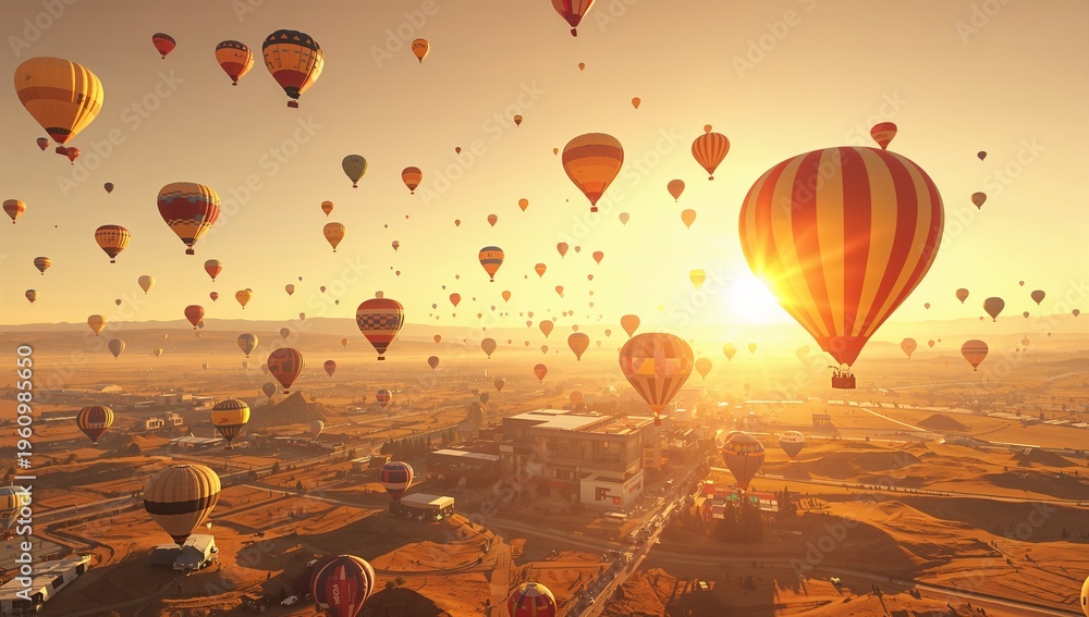 Naklejka premium Colorful Hot Air Balloons Ascending at Sunrise Over Scenic Landscape
