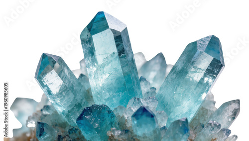 Isolated cluster of vibrant blue-green aquamarine beryl crystals showing sharp facets and transparency