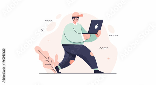 A person wearing a cap and glasses walks with a laptop