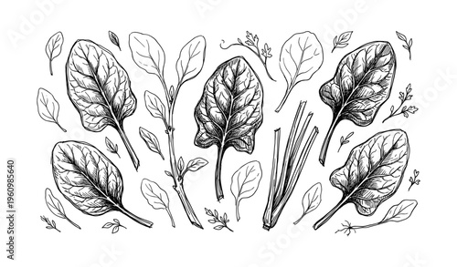 Hand-drawn spinach and herb leaves in black and white sketch