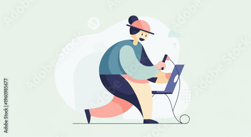 Person using laptop and device