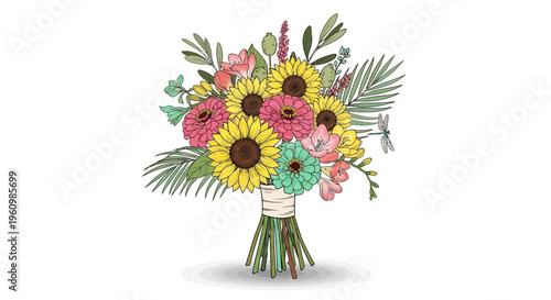 Colorful bouquet of various flowers with sunflowers against a white background