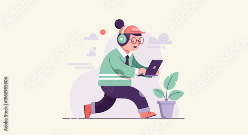 A person wearing headphones and a cap walks while using a laptop, with a plant
