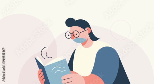 Person wearing mask and glasses reads an open book with wavy lines on pages