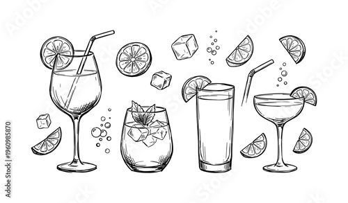 Hand-drawn assorted cocktail drinks with fruits and ice cubes illustration