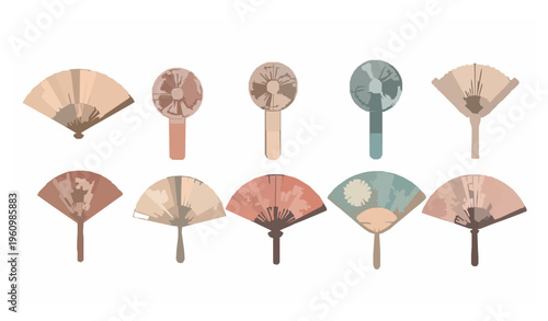 Handheld fan vector set with portable electric and traditional folding fans in flat summer style isolated on white