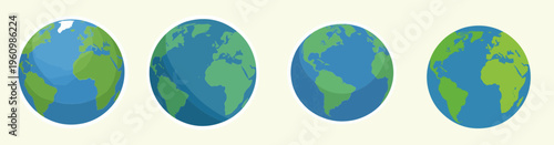 Vector illustration template of a sticker featuring the Earth in a flat design style, with a simplified and modern aesthetic, incorporating a bold color palette including shades of blue and green