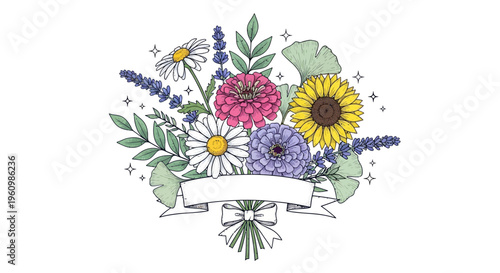 Colorful floral arrangement with diverse blossoms and blank banner on white backdrop