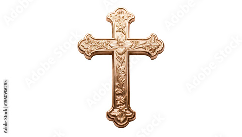 Isolated ornate gold Christian cross with intricate floral carvings and decorative religious design
