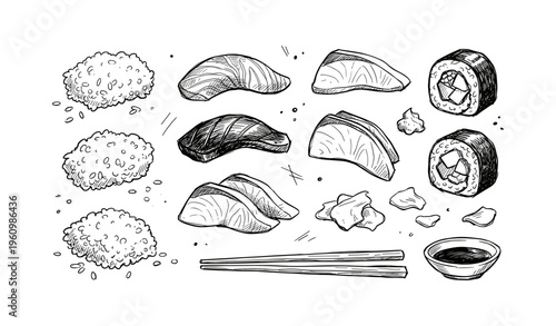 Hand-drawn sushi collection featuring nigiri and maki with chopsticks