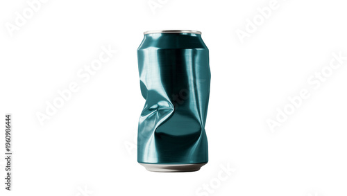 Isolated crumpled teal blue-green aluminum soda drink can, empty and ready for recycling