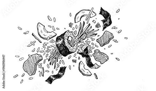 Hand-drawn sushi explosion with rice, seaweed, and vegetables