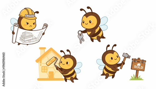 Cute bees engaged in various activities like construction, painting, and real estate transactions, symbolizing hard work and completion