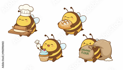 Collection of cute cartoon bees baking a chef bee rolling dough, one holding fresh bread, a cupcake decorator, and a bee with organic flour