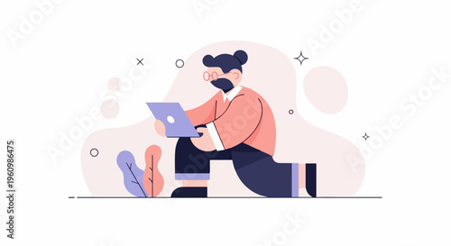 Person with laptop working remotely amidst abstract shapes and foliage