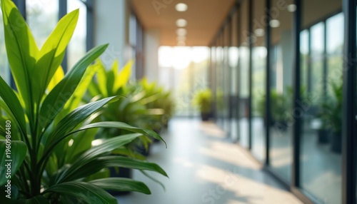 Green plants in pots line a modern office hallway. Large glass windows reflect sunlight creating bright interior space. Natural light fills workspace with plants.