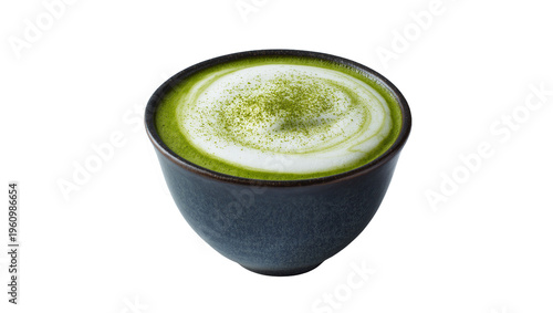 Isolated delicious matcha green tea latte with foamy milk and sprinkled powder in a ceramic cup.
