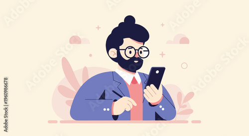 Stylish man with beard and glasses uses phone and pen amidst abstract shapes