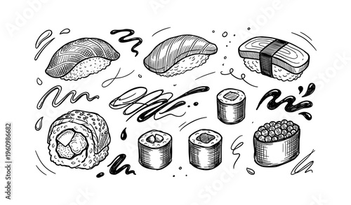 Hand-drawn sushi illustrations featuring nigiri rolls and makizushi with artistic design elements