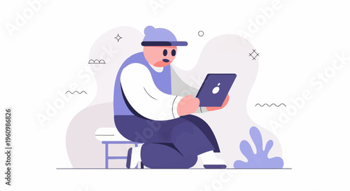 Stylized character engrossed in a digital tablet on a simple stool