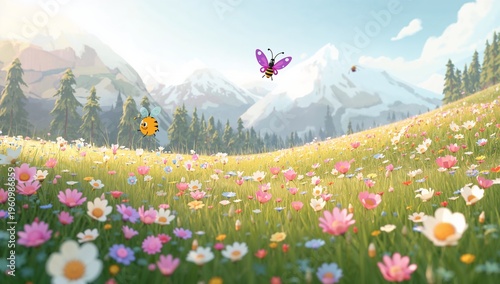 Colorful Spring Landscape with Cartoon Insects and Blooming Flowers