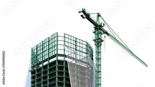 Billede på lærred Isolated construction site featuring modern building frame, safety net, and towe