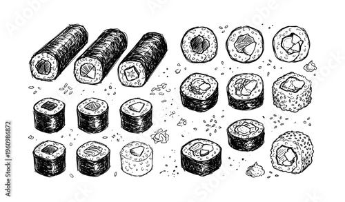 Assorted hand-drawn sushi rolls and makis on white background