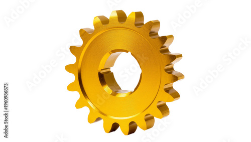 Isolated shiny golden metallic gear, a precision industrial component for mechanical engineering