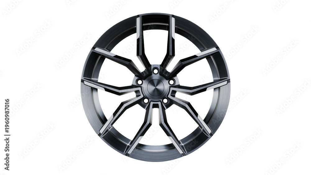 Obraz premium Isolated sleek modern performance alloy car wheel with multi-spoke design and metallic finish.