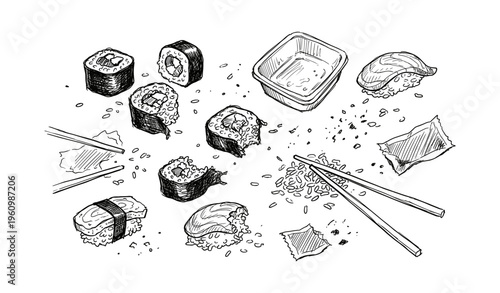 Assorted sushi roll sketches with chopsticks and soy sauce dish