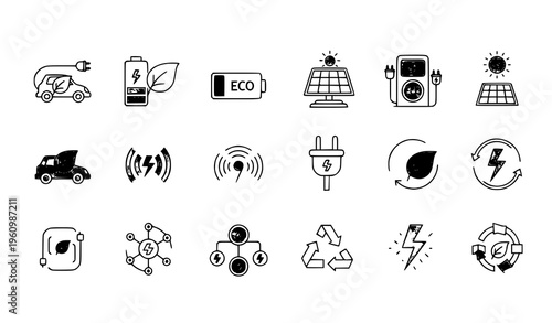 Eco electric charging and sustainable energy icons set with EV battery and green power symbols vector collection