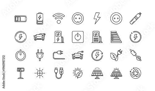 Minimal electric charging and energy line icons set with battery EV plug and power symbols vector collection