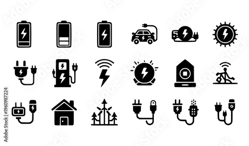 Bold electric charging glyph icons set with battery power EV and energy symbols flat vector collection