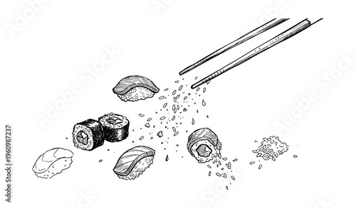 Hand-drawn sushi sketch with chopsticks and falling rice grains