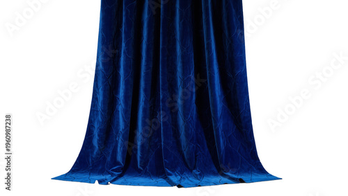Isolated luxurious deep royal blue velvet curtain with elegant textured design and folds