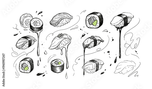 Hand-drawn sushi illustration with various types and artistic ink details