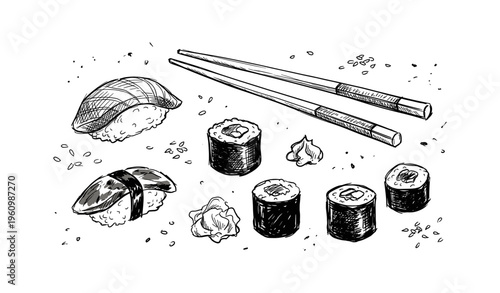 Hand-drawn sushi selection with chopsticks and wasabi illustrations